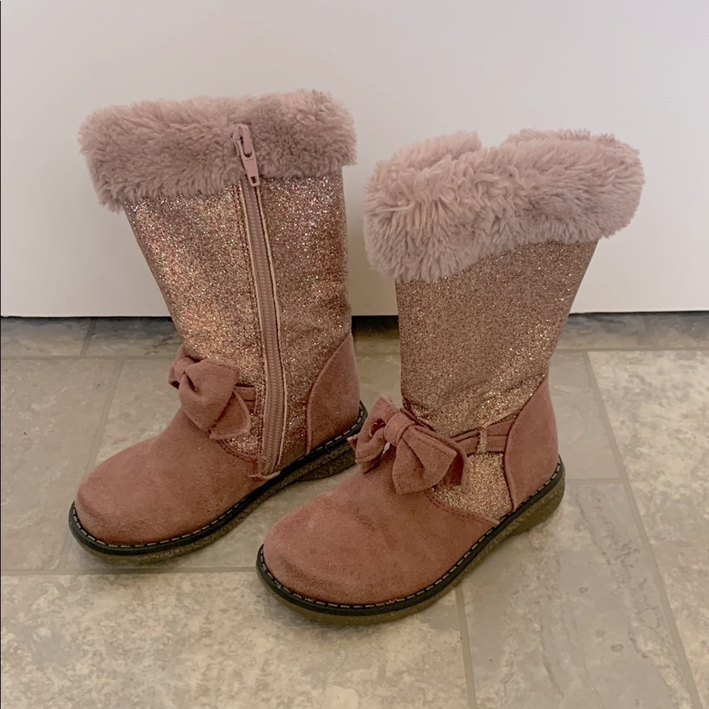 Pink Glitter Fur-Lined Boots with Bow